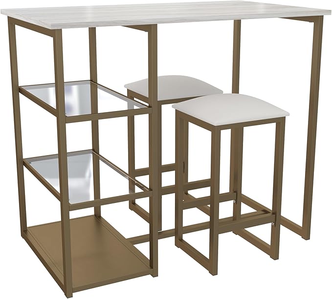 Dorel Living Tanner 3-Piece Brass Pub Set with Faux Marble Top, White - LeafyLoom