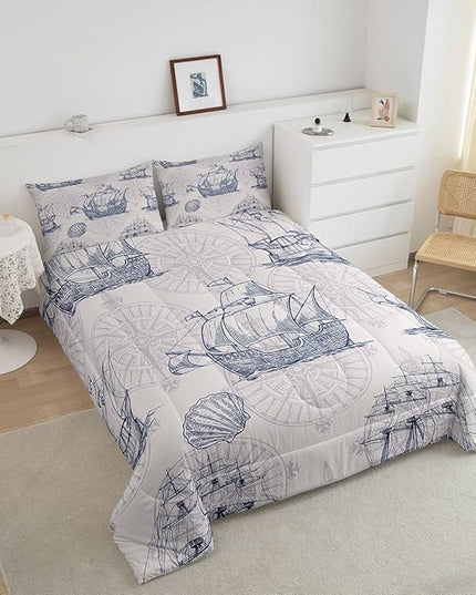 Nautical Comforter Set Sailboat Down Comforter Twin,Blue White Vintage Style Quilted Duvet Set Luxury Anchor Crab Pattern Bedding Insert Set for Kids, Adult Teen Boys Girls Bedroom Ocean Beach Decor - LeafyLoom