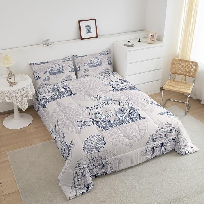 Nautical Comforter Set Sailboat Down Comforter Full,Blue White Vintage Style Quilted Duvet Set Luxury Anchor Crab Pattern Bedding Insert Set for Kids, Adult Teen Boys Girls Bedroom Ocean Beach Decor - LeafyLoom