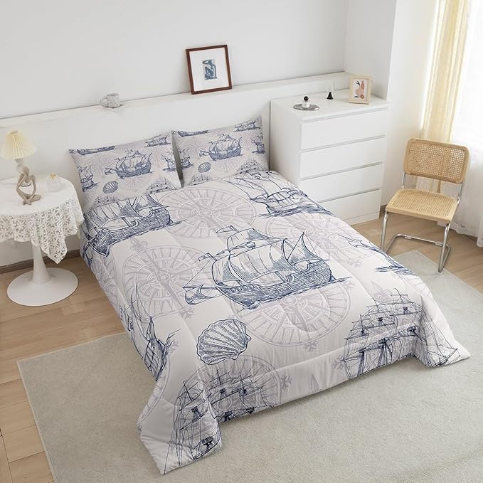 Nautical Comforter Set Sailboat Down Comforter Queen,Blue White Vintage Style Quilted Duvet Set Luxury Anchor Crab Pattern Bedding Insert Set for Kids, Adult Teen Boys Girls Bedroom Ocean Beach Decor - LeafyLoom