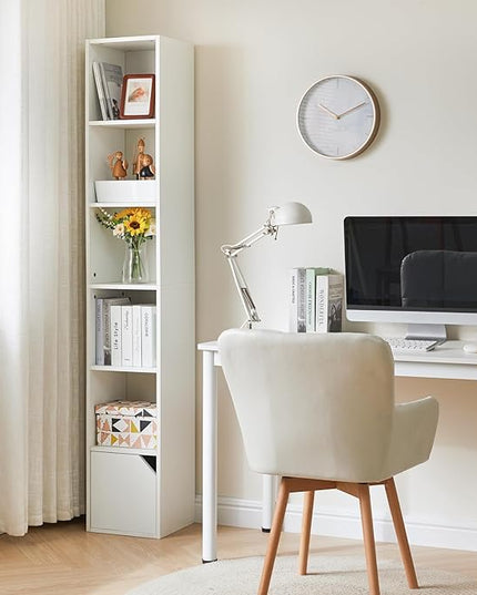 IBUYKE 6 Tier Tall Narrow Bookcase, Modern White Corner Bookcase with Doors Storage,Cube Media Tower Rack,Cabinet,Floor Standing Display Storage Shelves for Small Spaces,for Home Office White UWBC001W - LeafyLoom