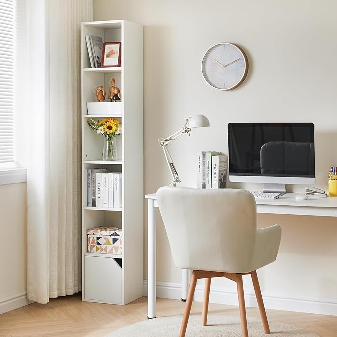IBUYKE 6 Tier Tall Narrow Bookcase, Modern White Corner Bookcase with Doors Storage,Cube Media Tower Rack,Cabinet,Floor Standing Display Storage Shelves for Small Spaces,for Home Office White UWBC001W - LeafyLoom