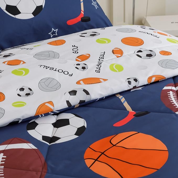 RYNGHIPY Kids Sports Theme Bedding Set, Basketball Football Baseball Tennis Print Comforter Set for Teens Boys Girls, Super Soft Lightweight (Balls,Twin) - LeafyLoom