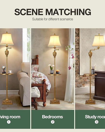 Traditional LED Floor Lamp with 350° Adjustable Swing Arm Lamp – Vintage Standing Pole lamp for Living Room, Bedroom and Office – Rustic Upright Floor Light for Home Décor with Silk Fabric Shade - LeafyLoom