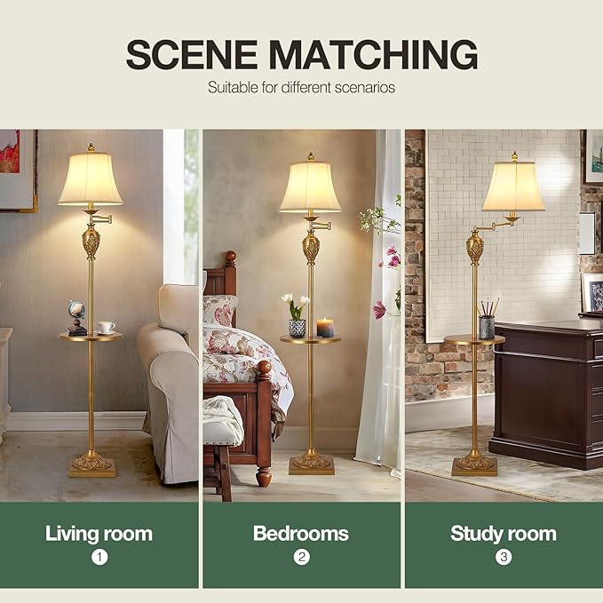 Traditional LED Floor Lamp with 350° Adjustable Swing Arm Lamp – Vintage Standing Pole lamp for Living Room, Bedroom and Office – Rustic Upright Floor Light for Home Décor with Silk Fabric Shade - LeafyLoom