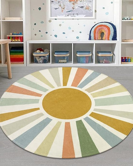 Boho Sun Round Area Rug for Living Room, 6 Ft Washable Nursery Rug for Playroom, Colorful Circle Rug for Kids Bedroom, Non-Slip Circluar Carpet Soft Large Kids Rug for Classroom Dorm Kids Room - LeafyLoom