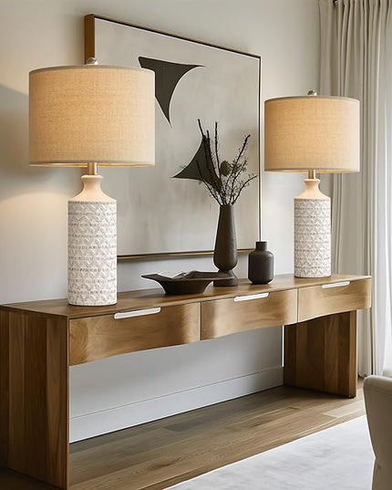 PoKat 24" Modern Contemporary Ceramic Lamp Set of 2 for Living Room White Desk Decor Lamps for Bedroom Farmhouse Bedside Nightstand End Table Lamps, White - LeafyLoom