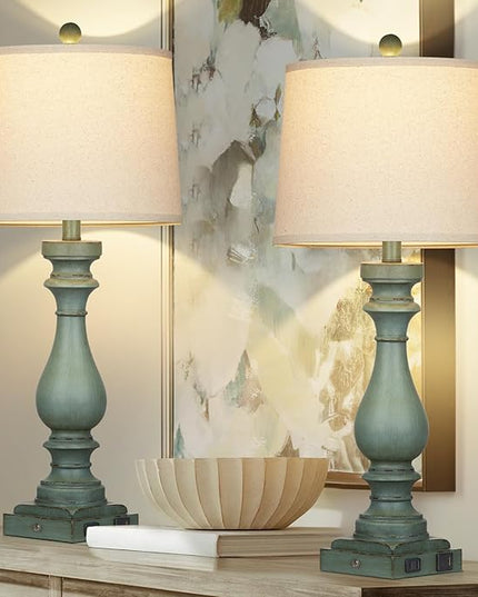 29" Tall Table Lamp for living room set of 2,Vintage Bedside Nightstand Lamps with USB C+A Ports & AC Outlet,3-Way Dimmable Touch Control Retro Green Desk Lamp for Bedroom,color 4 - LeafyLoom