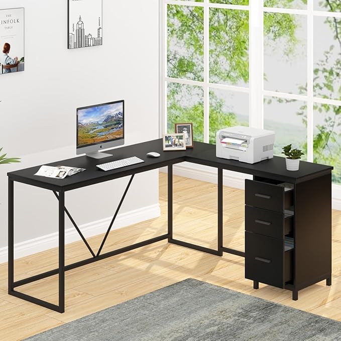 HSH Large Black L Shaped Desk, Corner Wood Computer Desk with Drawer, Modern Work Home Office Desk with Storage Cabinet, Industrial Executive PC Study Writing Desk for Living Bedroom, Black, 59 Inch - LeafyLoom