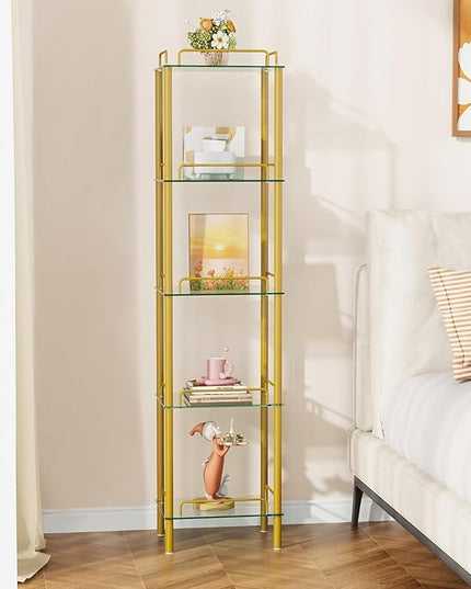 5-Tier Bookcase, Tempered Glass Bookshelves, Narrow Bookshelf for Small Spaces, Storage Rack Display Shelf Slim Shelving Unit for Living Room, Bedroom, Bathroom, Entryway, Office, Golden - LeafyLoom
