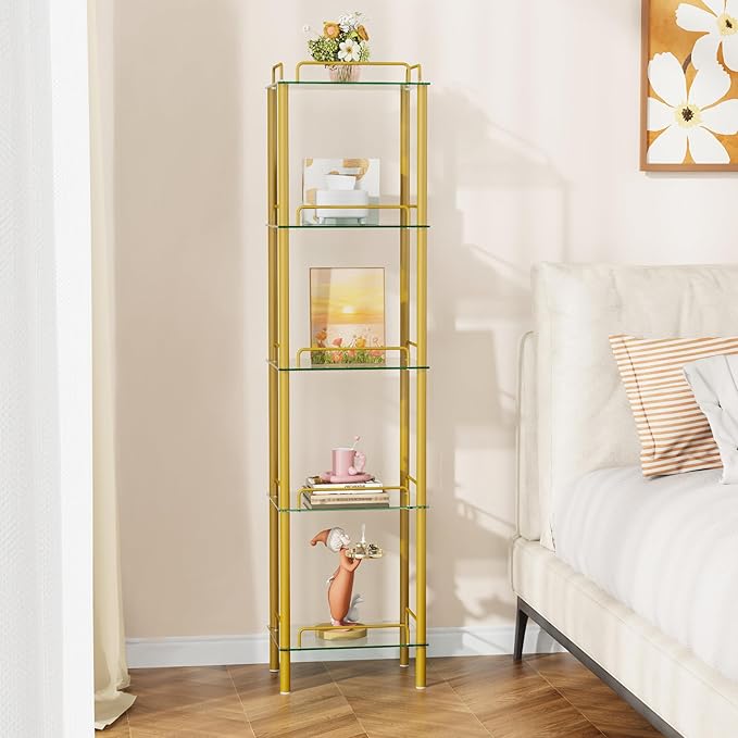 5-Tier Bookcase, Tempered Glass Bookshelves, Narrow Bookshelf for Small Spaces, Storage Rack Display Shelf Slim Shelving Unit for Living Room, Bedroom, Bathroom, Entryway, Office, Golden - LeafyLoom