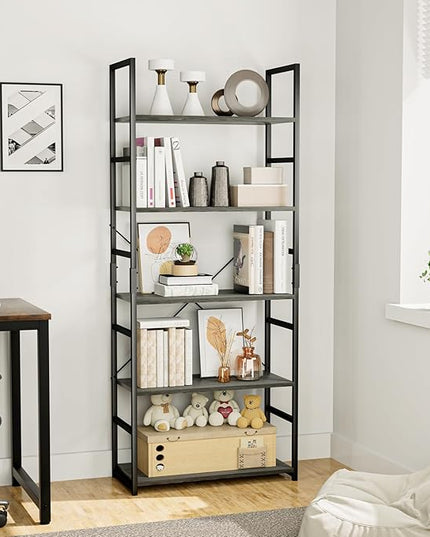 OTK 5 Tier Bookshelf, Tall Bookcase, Office Shelf Storage Organizer, Modern Book Shelf for Living Room, Bedroom, and Home Office, Dark Grey - LeafyLoom