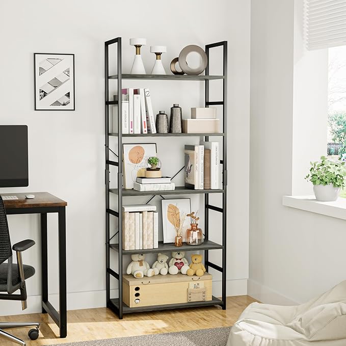 OTK 5 Tier Bookshelf, Tall Bookcase, Office Shelf Storage Organizer, Modern Book Shelf for Living Room, Bedroom, and Home Office, Dark Grey - LeafyLoom