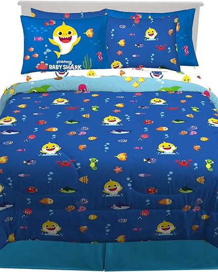 Franco Kids Bedding Super Soft Comforter and Sheet Set with Sham, 7 Piece Full Size, Baby Shark - LeafyLoom