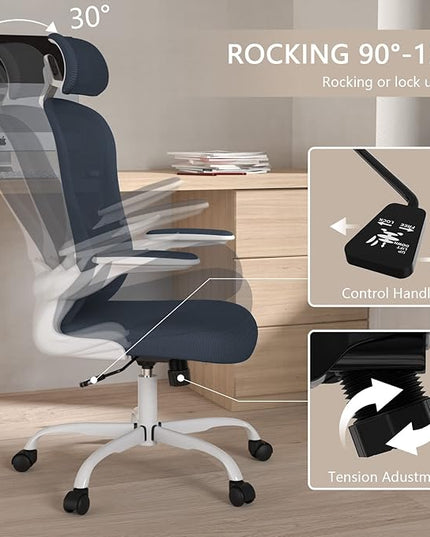 Office Chair, High Back Ergonomic Desk Chair, Breathable Mesh Desk Chair with Adjustable Lumbar Support and Headrest, Swivel Task Chair with flip-up Armrests, Executive Chair for Home Office - LeafyLoom