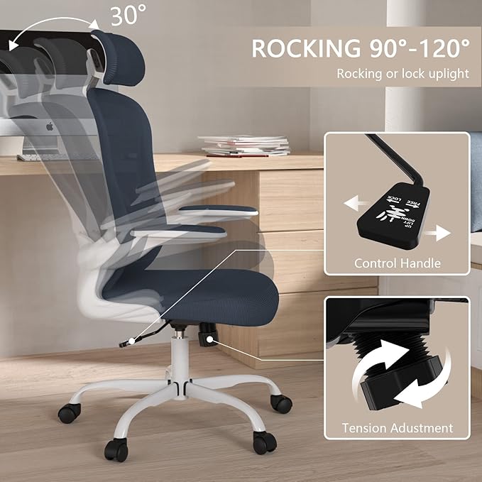 Office Chair, High Back Ergonomic Desk Chair, Breathable Mesh Desk Chair with Adjustable Lumbar Support and Headrest, Swivel Task Chair with flip-up Armrests, Executive Chair for Home Office - LeafyLoom