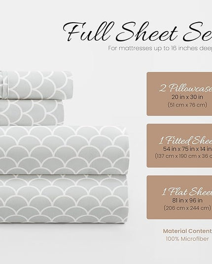 4 Piece Full Bedding Sheet Set (Gray Scallops) - Sleep Better Than Ever with These Ultra-Soft & Cooling Bed Sheets for Your Full Size Bed - Deep Pocket Fits 16" Mattress - LeafyLoom