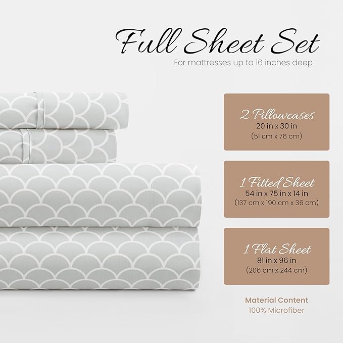 4 Piece Full Bedding Sheet Set (Gray Scallops) - Sleep Better Than Ever with These Ultra-Soft & Cooling Bed Sheets for Your Full Size Bed - Deep Pocket Fits 16" Mattress - LeafyLoom