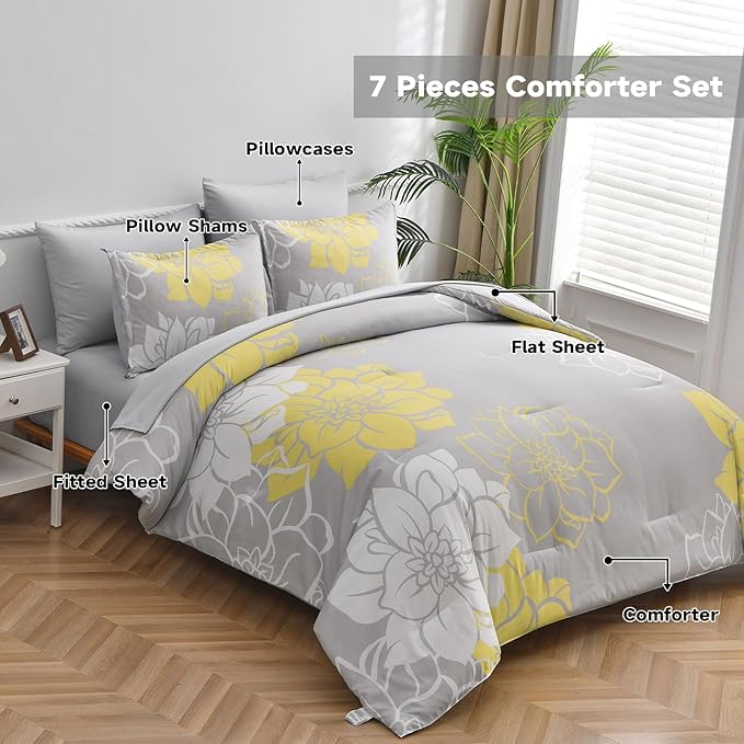 Yellow Comforter Set King 7 Piece Bed in a Bag Yellow Floral Comforter with Sheet Set Soft Micorfiber Reversible Bedding Set (1 Comforter,2 Pillow Shams,1 Flat Sheet,1 Fitted Sheet,2 Pillowcases) - LeafyLoom