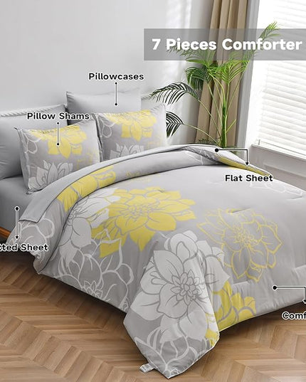 Floral Comforter Set Queen 7 Piece Bed in a Bag Yellow Floral Comforter with Sheet Set Soft Micorfiber Reversible Bedding Set (1 Comforter,2 Pillow Shams,1 Flat Sheet,1 Fitted Sheet,2 Pillowcases) - LeafyLoom