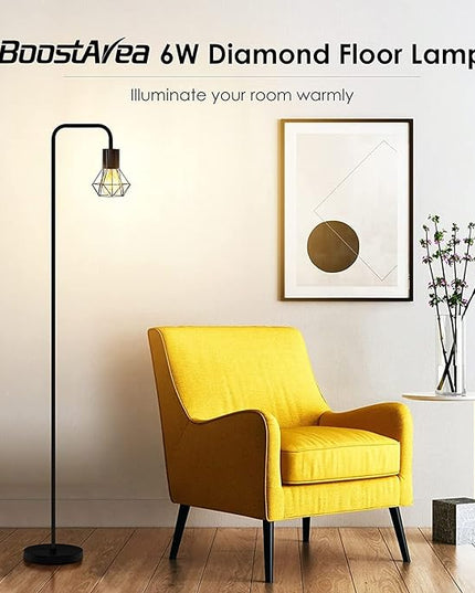 BoostArea Industrial Floor Lamp, Diamond Shape Design, 6W LED Bulb, E26 Socket, On/Off Footswitch, Premium Quality, Safe, Easy Assembly, Modern Style, Black - LeafyLoom