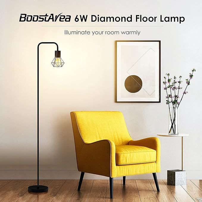 BoostArea Industrial Floor Lamp, Diamond Shape Design, 6W LED Bulb, E26 Socket, On/Off Footswitch, Premium Quality, Safe, Easy Assembly, Modern Style, Black - LeafyLoom