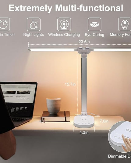 Lightess LED Desk Lamp with Wireless Charger, USB Charging Port - Dual Swing Arm Dimmable LED Desk Light with Night Light, Foldable Desk Lamp, Touch Control Table Lamp for College Dorm Room Bedroom - LeafyLoom