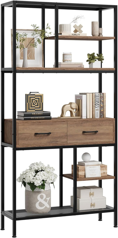 Book Shelf, Tall Bookcase with Storage, 6-Tier Industrial Bookshelf with 2 Wooden Drawers for Home Office and Living Room, Brown - LeafyLoom