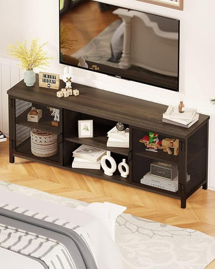FATORRI Industrial Entertainment Center for TVs up to 65 Inch, Rustic Wood TV Stand, Large TV Console and TV Cabinet for Living Room (60 Inch Wide, Walnut Brown) - LeafyLoom