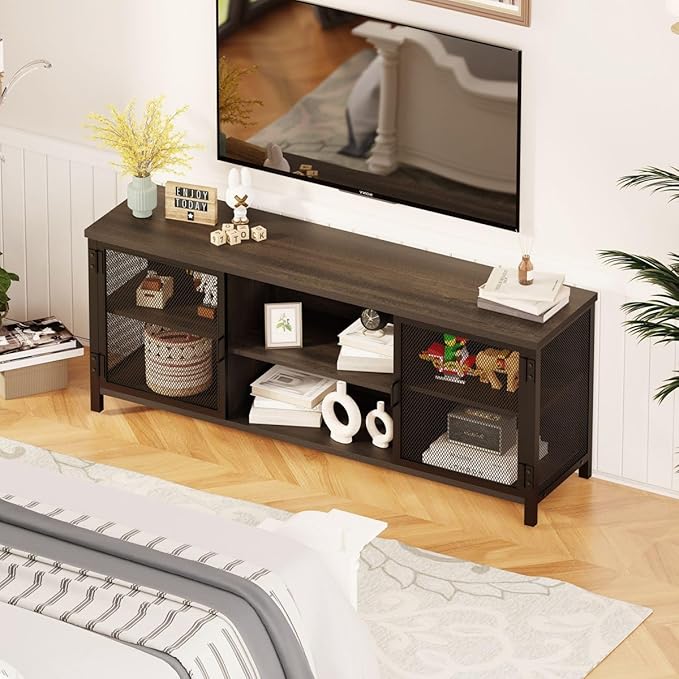 FATORRI Industrial Entertainment Center for TVs up to 65 Inch, Rustic Wood TV Stand, Large TV Console and TV Cabinet for Living Room (60 Inch Wide, Walnut Brown) - LeafyLoom