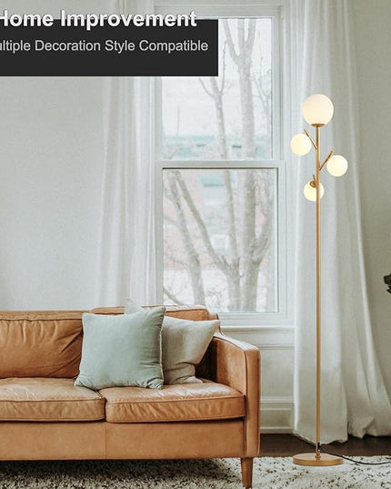 4 Globe Gold Floor Lamp, Modern Sputnik Tree Standing Lamp with Frosted Glass Ball Lampshade & 3000K LED Bulbs, Mid Century Contemporary Tall Lamp for Living Room, Bedroom - Antique Brass - LeafyLoom