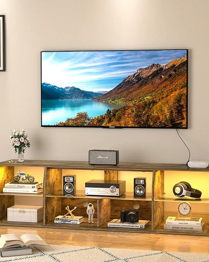 VECELO LED TV Stands Power Outlets, Entertainment Center with Glass Shelves, 7 Open Storage, Modern Television Cabinet for Living Room Bedroom, Light Brown, 65inch - LeafyLoom