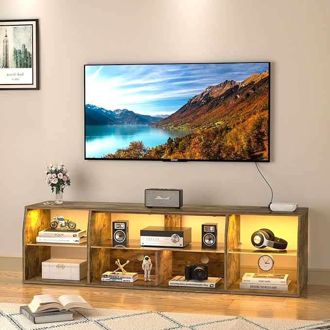 VECELO LED TV Stands Power Outlets, Entertainment Center with Glass Shelves, 7 Open Storage, Modern Television Cabinet for Living Room Bedroom, Light Brown, 65inch - LeafyLoom