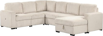 6 Seater U Shaped Oversized Reversible Sleeper Sectional Sofa Pull Out Couch Bed with Right Hand Facing Chaise and USB Ports , Corduroy Upholstered Convertible Corner Sofabed Sofacama for Living Room - LeafyLoom