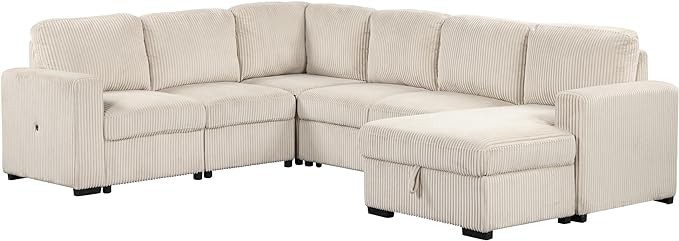 6 Seater U Shaped Oversized Reversible Sleeper Sectional Sofa Pull Out Couch Bed with Right Hand Facing Chaise and USB Ports , Corduroy Upholstered Convertible Corner Sofabed Sofacama for Living Room - LeafyLoom