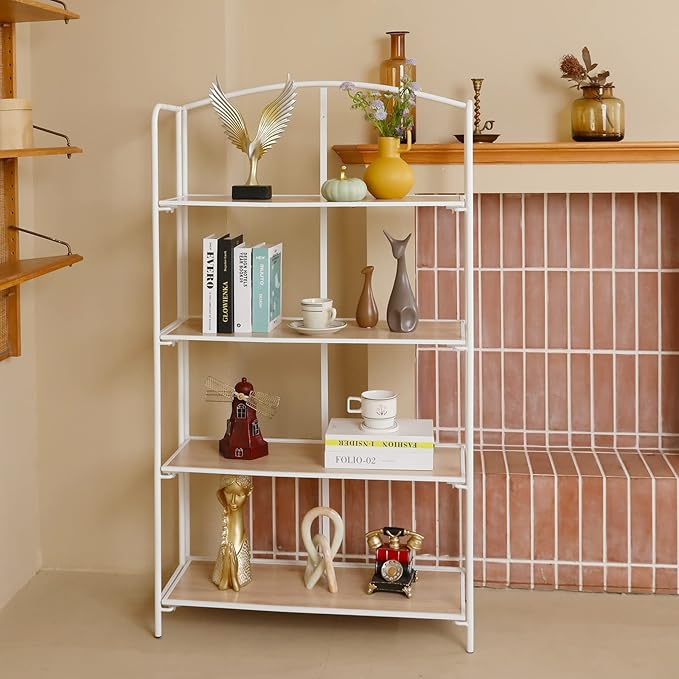 No Assembly Folding Bookshelf, 4 Tier White Bookshelf, Metal Book Shelf for Storage, Folding Bookcase for Office Organization and Storage, 12.87" D x 30.9" W x 55.71" H - LeafyLoom