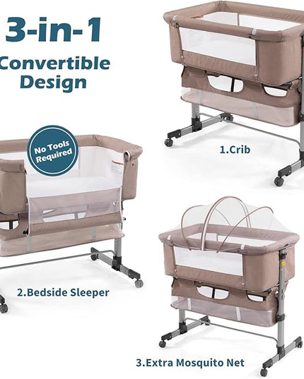 3in1 Bedside Crib for Girl or Boy, Bedside Sleeper for Baby Portable and Adjustable Crib with Mosquito net for Newborn Baby,Deep Khaki - LeafyLoom