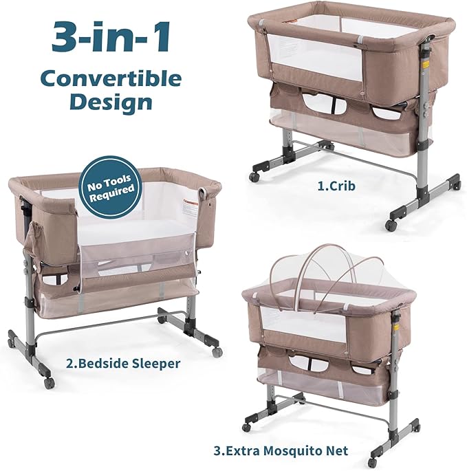 3in1 Bedside Crib for Girl or Boy, Bedside Sleeper for Baby Portable and Adjustable Crib with Mosquito net for Newborn Baby,Deep Khaki - LeafyLoom