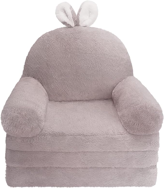 Kids Couch Fold Out Soft Toddler Chairs,Toddler Armrest Chair Bed for Play,Gift for 0-3 Years,Grey Bunny - LeafyLoom