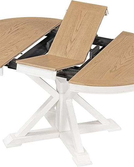 NicBex Dining Table Contemporary Kitchen Table Farmhouse Rustic Retro Functional Extendable Dining Table with a 12" Leaf for Dining Room and Living Room Round Dining Table, Oak Natural Wood+Off White - LeafyLoom