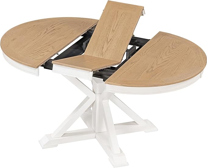 NicBex Dining Table Contemporary Kitchen Table Farmhouse Rustic Retro Functional Extendable Dining Table with a 12" Leaf for Dining Room and Living Room Round Dining Table, Oak Natural Wood+Off White - LeafyLoom
