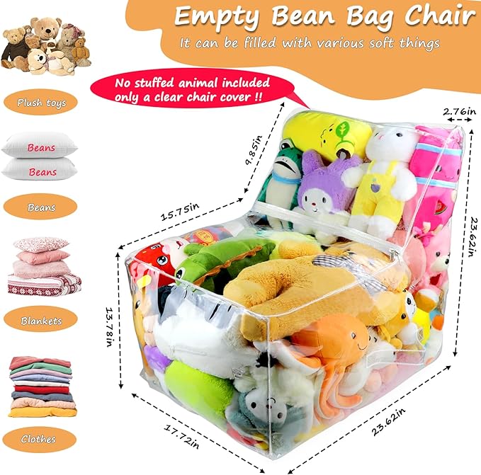 Clear Stuffed Animal Bean Bag Chair Cover for Kids, Waterproof Large Stuffable Beanbag Chair Cover, Creative PVC Plush Toys Storage, for Organizing Toddler & Children Rooms Soft Stuff Animal - LeafyLoom