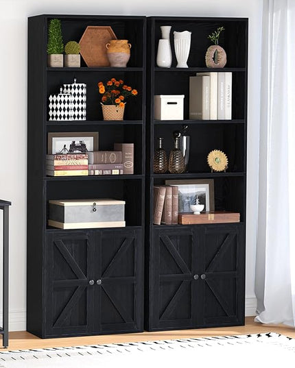 oneinmil 6 Tier Bookcase Set of 2,Wooden Bookshelves with Cabinet Doors, Floor Bookshelf and Office Storage Cabinets for Living Room,Black - LeafyLoom