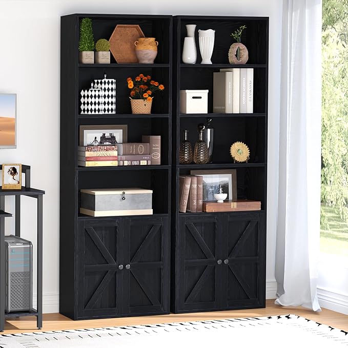 oneinmil 6 Tier Bookcase Set of 2,Wooden Bookshelves with Cabinet Doors, Floor Bookshelf and Office Storage Cabinets for Living Room,Black - LeafyLoom