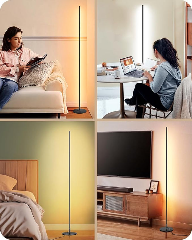 EDISHINE LED Corner Floor Lamp with Remote, 57.5" Minimalist Dimmable Mood Lighting, Standing Tall Pole Lamp for Living Room, Bedroom, Home Office, 3000K Warm White Light (Black) - LeafyLoom