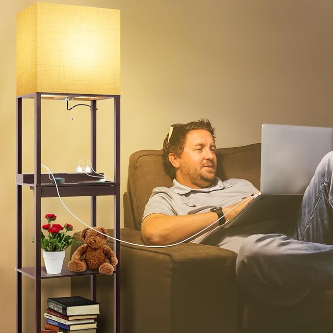 RUNTOP Floor Lamp with Shelves, Modern Standing Lamp with Wireless Charger, 1 Drawer and 2 USB Ports & 2 Power Outlet, 15W LED Bulb 3 Colors, Memory Function, Shelf Lamp for Living Room and Bedroom - LeafyLoom
