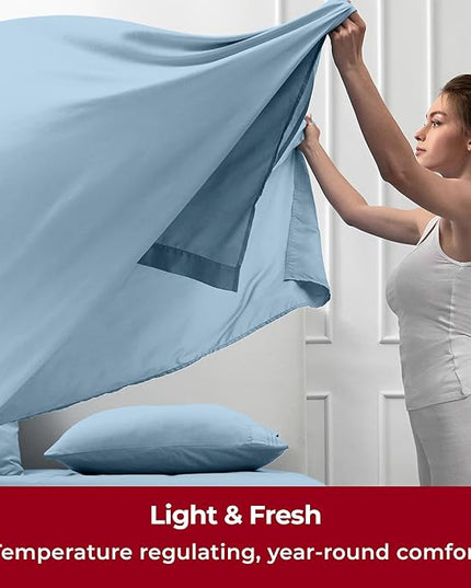 Mellanni Full Sheets Set - 6 PC Iconic Collection Bedding Sheets & Pillowcases - Hotel Luxury, Ultra Soft, Cooling Bed Sheets - Deep Pocket up to 16 inch - 6 PC (Full, Light Blue w/Extra Pillow Cases) - LeafyLoom