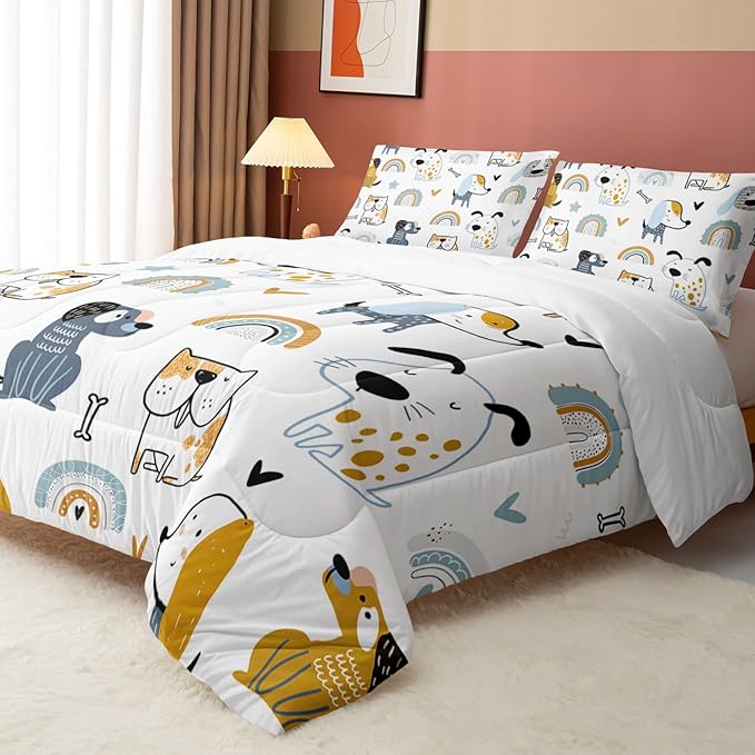 Datura home Kawaii Dogs Comforter Set Cute Dogs and Rainbow Printed Quilt Bedding Set with 1 Comforter and 2 Pillowcases for Boys and Girls Bedroom All Season(Dogs Queen) - LeafyLoom