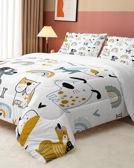 Datura home Kawaii Dogs Comforter Set Cute Dogs and Rainbow Printed Quilt Bedding Set with 1 Comforter and 2 Pillowcases for Boys and Girls Bedroom All Season(Dogs Twin) - LeafyLoom