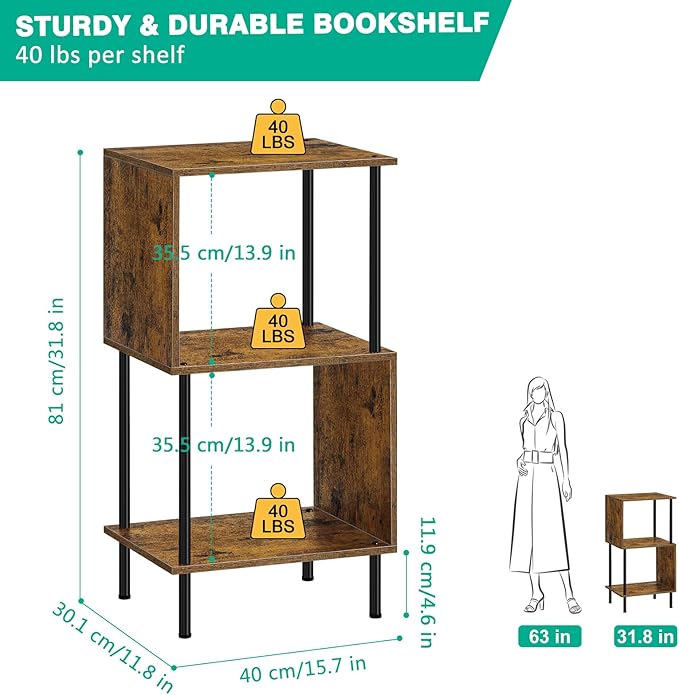 ETELI 3 Tier Short Bookshelf Narrow Standing Bookcase Shelf Small Bookshelf with Storage for Farmhouse, Living Room, Bedroom, and Home Office - LeafyLoom